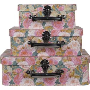 Decoratie koffer Set van 3 30*22*10 cm Roze Karton Bloemen Opbergkoffer Koffer