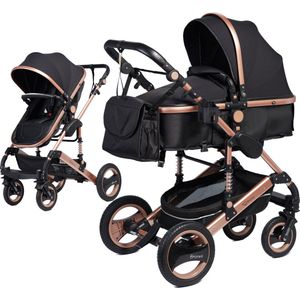 Bronea - EXQUISE Luxe multi-functionele kinderwagen 3 in 1 | Zwart / Champagne | Incl. MATRAS, Buggy, Autostoel, Luiertas, Regenhoes, Voetenwarmer, Muggen net & Zonneklep