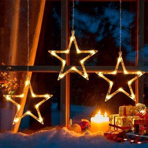 raamdecoratie 3 sterren warm wit met batterij werking 30 LED's [1M + 0,6M] ster kerstdecoratie raam met 4 naadloze plakhaken LED sterren voor binnen en buiten Kerst raam balkon party