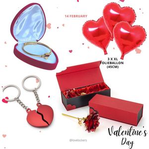 Lovelockers® | Valentijn Cadeau Pakket | Rode Roos in Luxe Verpakking | Sieraden Doosje |3 x XL Hart Folie Ballon | Sleutelhanger Broken Hearts | Moederdaggeschenk | Moederdagcadeau |