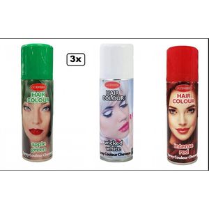 3x Haarspray groen/wit/rood 125 ml - Word bezorgd in doos ivm beschadiging - Italie Festival thema feest carnaval haar kleurspray party EK voetbal