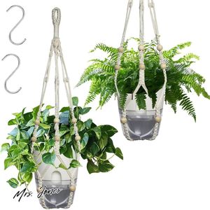Mrs. Jones Hangende plantenpot met macramé plantenhanger - 2 stuks - 155 cm - zelfbewaterende hangende plantenhouder - Boheemse bloempot - hangende mand kit voor decoratieve binnentuin .
