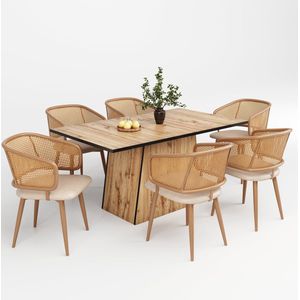 Merax Eettafel Set van 7 – Tafel met Houtnerf en 6 Rattan Eetkamerstoelen met Kunstleer Kussens – Beige met Bruin