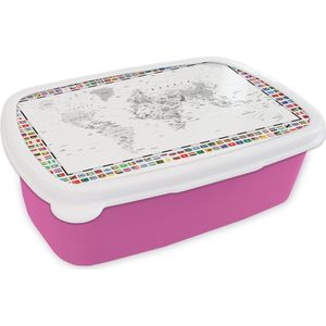 Broodtrommel Roze - Lunchbox - Brooddoos - Wereldkaart - Zwart - Wit - Vlag - 18x12x6 cm - Kinderen - Meisje