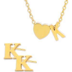 Initiaal Ketting & Oorbellen set met Letter K Goudkleurig - Stainless Steel - Met letter & Hartje! - 2x Sieraden Cadeau - Pax Amare