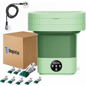 ShopWise Mini Wasmachine - Opvouwbaar - Energiezuinig - Incl. 8 Knijpers en Waslijn - NIEUW model - Studenten en Campings Wasmachine - 10 Liter - 3 Standen - Krachtige Motor - Complete Set - Groen