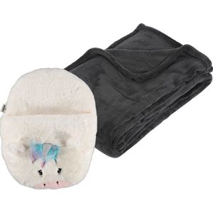 Apollo - Fleece deken donkergrijs 125 x 150 cm met voetenwarmer slof eenhoorn one size