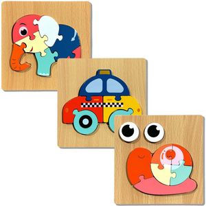 3D Puzzels - 3 Houten constructiepuzzels - Educatief speelgoed - Cadeau - Peuter - Dreumes - Voor in de auto - Voor onderweg - Kinderspeelgoed - 2 jaar - 3 jaar - 4 jaar - Jongens - Meisjes