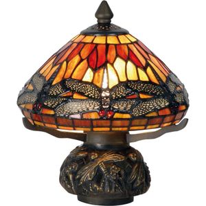 LumiLamp Tiffany Tafellamp Ø 22x21 cm Bruin Rood Glas Libelle Tiffany Bureaulamp