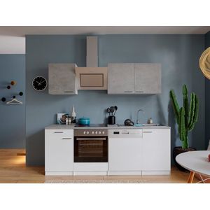 Goedkope keuken 220  cm - complete keuken met apparatuur Malia  - Wit/Beton - soft close - keramische kookplaat - vaatwasser - afzuigkap - oven  - spoelbak