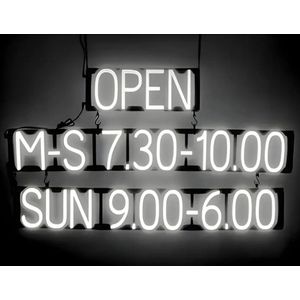 OPEN M-S 7.30-10.00 SUN 9.00-6.00 - Lichtreclame Neon LED bord verlicht | SpellBrite | 107 x 60 cm | 6 Dimstanden - 8 Lichtanimaties | Reclamebord neon verlichting