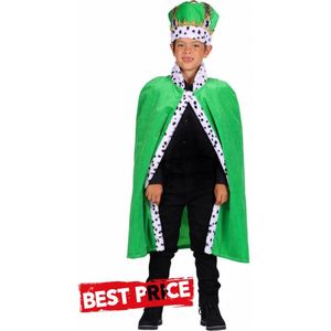 Koning mantel kind met kroon Groen 90 cm.