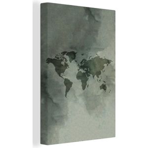 Wanddecoratie Wereldkaart - Aquarelverf - Groen - Grijs - Canvas - 40x60 cm