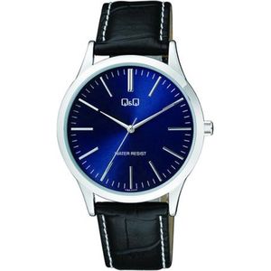 Q&Q C08A-011PY - Horloge - Heren - Mannen - Leren band - Rond - Staal - Streepjes - Zwart - Zilverkleurig - Blauw