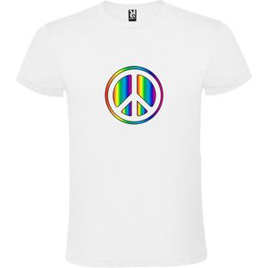 Wit T shirt met Retro Full Color print  ""Peace “ Flower Power Logo print size M