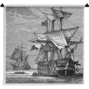 Wandkleed Zeilschepen Illustratie - Zwart-wit illustratie van zeilschepen Wandkleed katoen 150x200 cm - Wandtapijt met foto