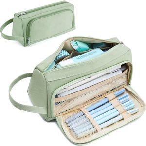 Extra groot pennenetui met 2 vakken - esthetisch etui voor school en make-up in groen