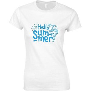 HELLO SUMMER Dames TSHIRT - Neon tekst Blauw - Zomer t-shirt- LARGE