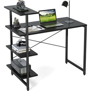 Kleine bureau met plank, 100 x 50 cm, 3-laags plank, computerbureau, PC gamingtafel, eenvoudig te installeren bureau, stevige stalen framebureaus, zwart.