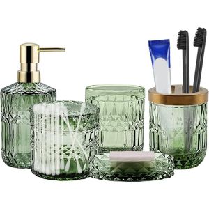 5-delige glazen badkameraccessoireset, groene moderne transparante badkamerset inclusief zeepdispenser, tandenborstelhouder, zeepbakje, glazen beker, container voor wattenstaafjes (groen-5)