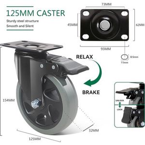 4 wielen voor meubels met rem, 125 mm, draaibare wielen, industriële platenwielen, 360 graden draaibaar, PU-wielen, geen sporen tot 800 kg
