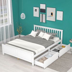 Houten tweepersoonsbed- jeugdbed volwassenenbed met opbergladen onder het bed- frame van grenenhout-wit (140x200cm)