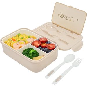 Bentobox lunchbox voor kinderen, 1400 ml, voedselcontainer met twee lagen, drie vakken en bestekset, BPA-vrij, geschikt voor magnetron, vaatwasser