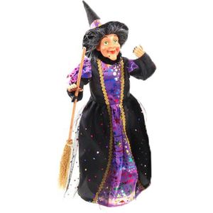 Creation decoratie heksen pop - staand - 42 cm - zwart/paars - Halloween versiering