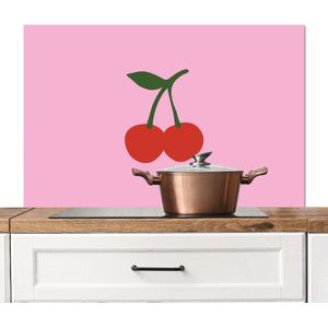 Spatscherm keuken 100x65 cm - Kookplaat achterwand Kersen - Roze - Illustratie - Muurbeschermer - Spatwand fornuis - Hoogwaardig aluminium
