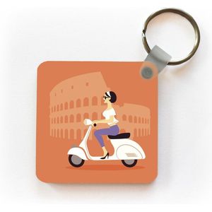 Sleutelhanger - Uitdeelcadeautjes - Een illustratie van een Italiaans meisje op een scooter - Plastic