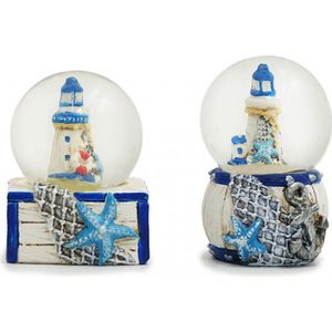 Set van 2 kleine sneeuwbollen magneet met vuurtoren 5cmH wit en blauw