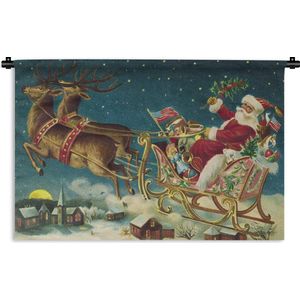 Wandkleed Vintage Kerst - Vintage kerstman met vliegende slee Wandkleed katoen 90x60 cm - Wandtapijt met foto