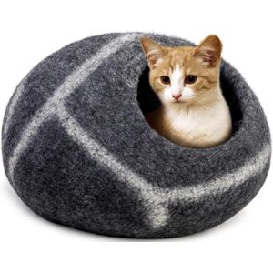 Wollen kattengrot/-bed (Medium), handgemaakt van 100% merinowol, milieuvriendelijke vilten kattengrot voor binnenkatten en kittens (grijs gestreept (Pebble stripe))