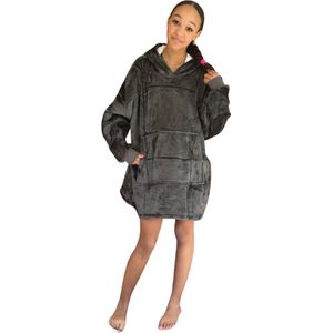 Fleece kinder poncho - plaid met mouwen en capuchon voor kinderen - oversized hoodie kind - fleece deken met mouwen – hoodie plaid voor kinderen - hoodie blanket - TV deken – zacht & warm - antraciet - 134 t/m 164 (ca. 8-14 jaar) - Badrock