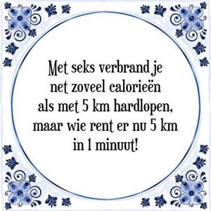 Tegeltje met Spreuk (Tegeltjeswijsheid): Met seks verbrand je net zoveel calorieën als met 5 km hardlopen, maar wie rent er nu 5 km in 1 minuut! + Kado verpakking & Plakhanger