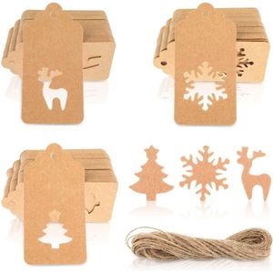 Kerst Kraft Papier Hang Labels, 120 Stks Xmas Papier Gift Tags Kerstman Opknoping Labels Gift Wrap Tags Kerstboom Sneeuwvlok Eanden Labels met 15 Meter Twines voor DIY Kerstfeest Gunst Gift