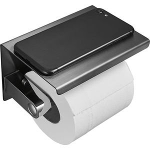 Toiletpapierhouder met telefoonhouder Wandgemonteerde roestvrijstalen tissuedispenser voor badkamer (enkele rol, zwart)