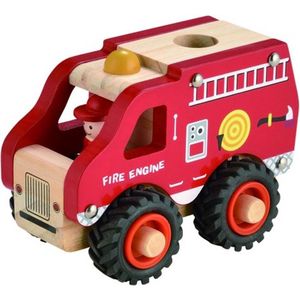 Brandweerauto Hout - Met Rubberen Wielen - Simply for Kids - Klein - 13 cm