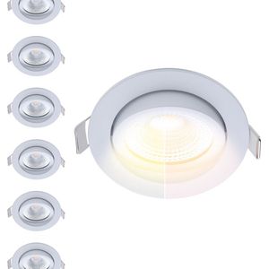 Voordeelpak 10x Led inbouwspot badkamer wit, dim to warm (3000K-2000K), kantelbaar, 5W vervangt 50W, zaagmaat Ø75mm, buitenmaat Ø85mm, 23mm diep