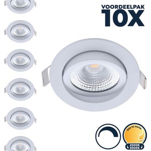 Voordeelpak 10x Led inbouwspot badkamer wit, dim to warm (3000K-2000K), kantelbaar, 5W vervangt 50W, zaagmaat Ø75mm, buitenmaat Ø85mm, 23mm diep