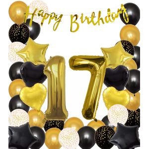 Snoes Ballonnen 17 Jaar Black Gold Dots Mega Ballon - Compleet Feestpakket Goud Zwart Stippen Cijferballon 17 - Verjaardag Versiering DIY Slinger Happy Birthday – Folieballon – Latex Ballonnen - Helium Ballonnen