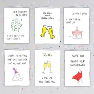 Set 12 verjaardagskaarten - 12 grappige en originele wenskaarten met envelop