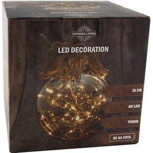 Svenska Living Verlichte kerstbal - glas - aan touw - 20 LEDS - 15 cm - timer