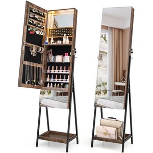 COSTWAY Sieradenkast met spiegel, spiegelkast, afsluitbaar, met 3 gekleurde ledverlichting, laden en plank, sieradenorganizer, vrijstaand voor slaapkamer, woonkamer