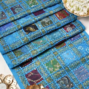 Decoratieve Rajasthani tafelkleed Hand geborduurd katoen kleurrijk luxe - Coffee Dineren Style - Blue - 30x182 cm