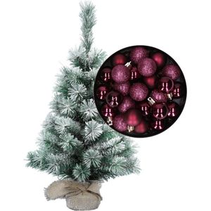 Besneeuwde mini kerstboom/kunst kerstboom 35 cm met kerstballen aubergine paars - Kerstversiering