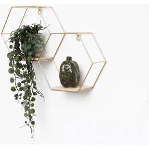 Goud metalen wandrek industrieel met 2 houten plankjes - Dubbel zeshoekig - 30,5x41 cm