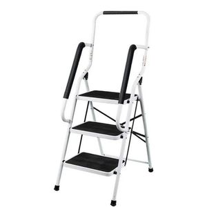 PolderGoods - Huishoudtrap met 3 treden - Trapladder met 3 grote stap - Vouwladder - Met Leuning - 150Kg - Staal - Wit