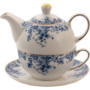 Clayre & Eef Tea for One 400 ml Blauw Porselein Bloemen Theepot set