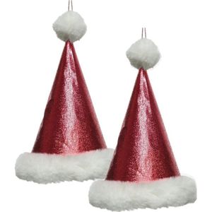 Decoris Kersthanger kerstmuts - 2x - rood glitters - 17 cm - kerstornamenten